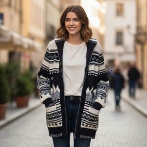 American Eagle Women's Black Mountain Fair Isle Zip-Up Knit Cardigan Size XS